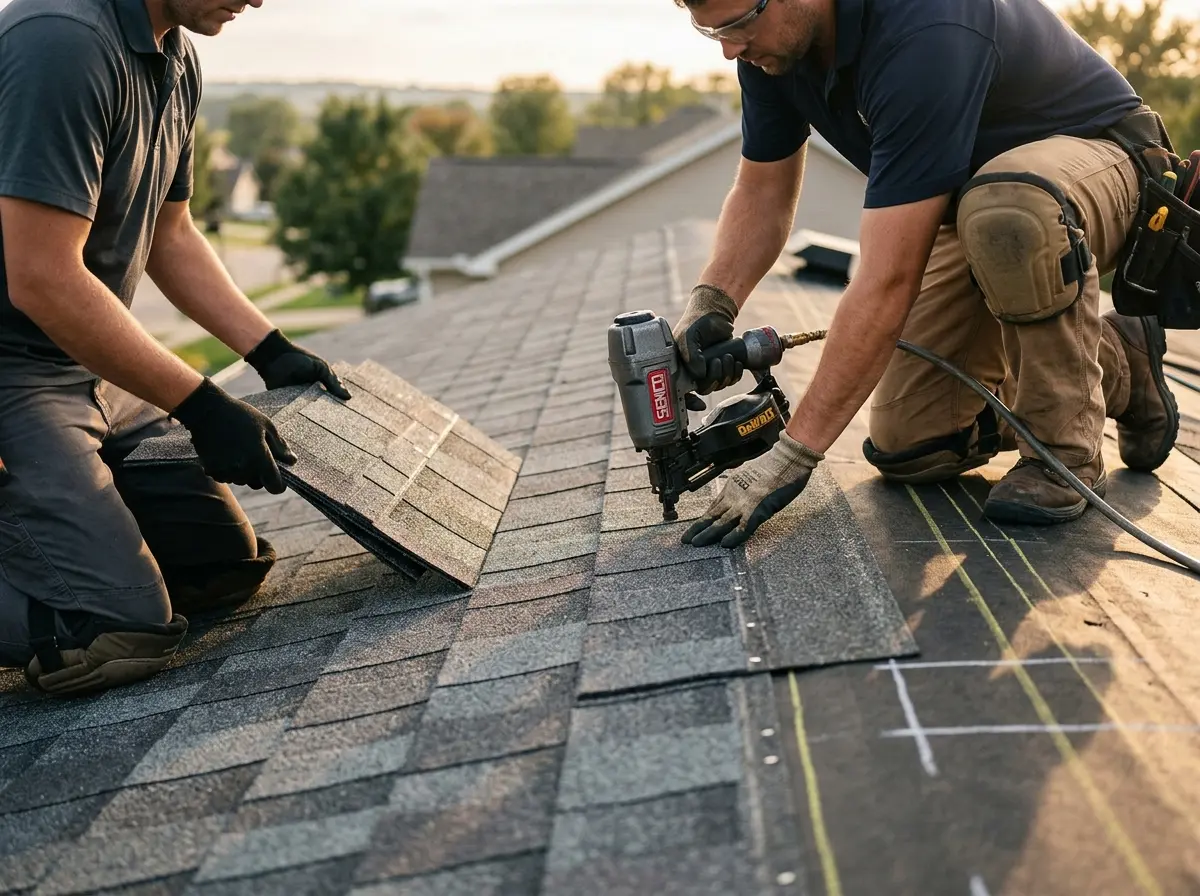 Professional roofer working on a residential roof in East Bradford